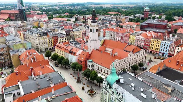 city center old town drone flight over Swidnica Poland