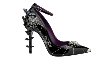 A stylish black high-heeled shoe with spiderweb detailing and bat embellishments.