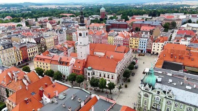 city center old town drone flight over Swidnica Poland
