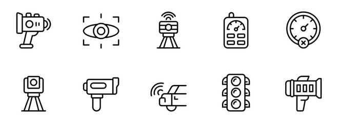 Modern Technology Icons:  Wireless Surveillance, Speed Monitoring, and Traffic Control Line Art Set for Web and App Design.