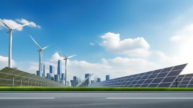 clean energy for transportation wind turbine and solar panel green leaf blowing in sky renewable energy to businesses and smart city new generation of power clean and environmental frien power station