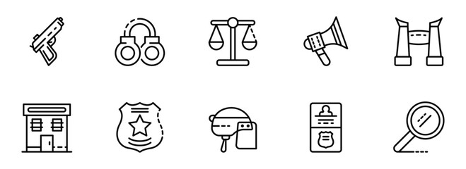 Law Enforcement Icons:  Modern Line Art Style, Justice, Crime, Investigation, Police, Security,  Black and White, Minimalist Design, Vector Graphics,  Conceptual Illustration.