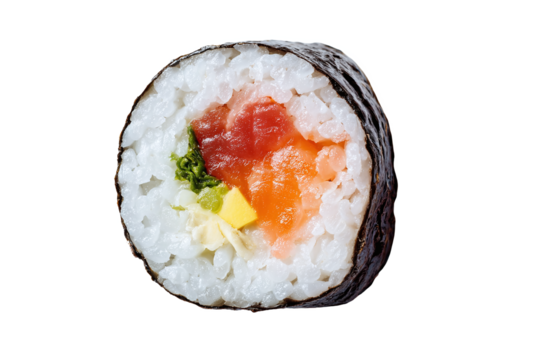 Delicious Sushi Maki Roll with Fish and Vegetables isolated on white transparent background
