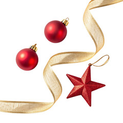Red christmas ornaments and gold ribbon isolated on transparent background