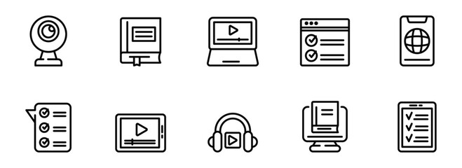 Modern Outline Icons: Online Learning, E-learning,  Video Tutorials, Checklist,  Webinars,  Educational Resources,  Mobile App,  Study,  Productivity,  Technology,  Simple, Clean, Minimalist Style.