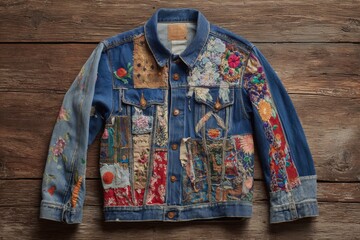 A vibrant denim jacket displays an array of colorful floral embroidery and textile patches, highlighting unique artistry and attention to detail