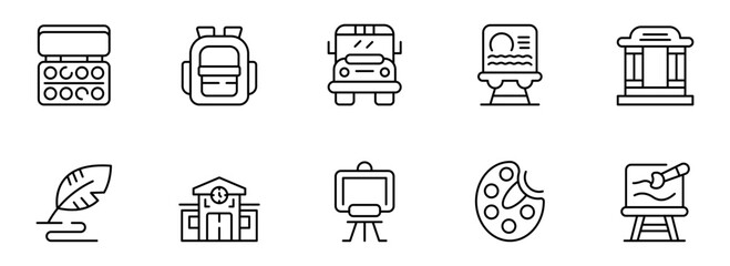 Back to School: Simple Line Icons Set; Education, Art Supplies, Transportation; Minimalist Black and White Style;  Clean, Modern Design for Website or App.