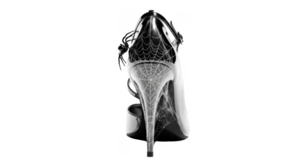 Elegant high-heeled shoe in black and white, showcasing intricate design details.