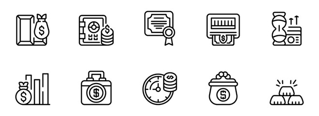 Ten Outline Icons: Finance, Investment, Banking, and Wealth Management Concepts; Modern, Minimalist Style; Clean, Professional Mood.