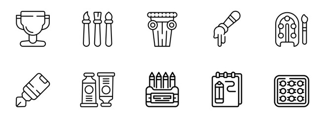 Collection of Line Art Icons: Award, Paintbrushes, Column, Crayons, Palette, and More;  Clean, Minimalist Style;  Illustrative, Educational Mood.
