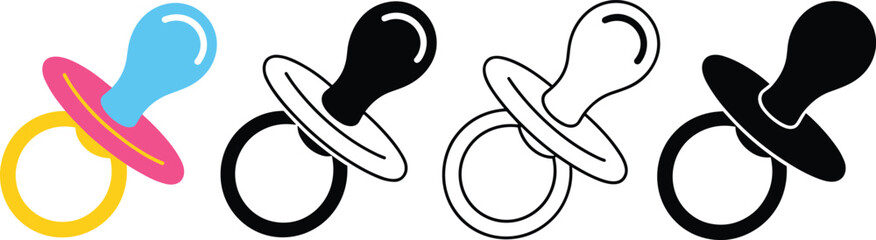 Colorful and monochrome pacifiers, baby essentials, infant care tools, soothing accessories, nursery items, child comfort products, parenting must-haves.