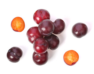 Heap of Red plums fruit isolated on white background