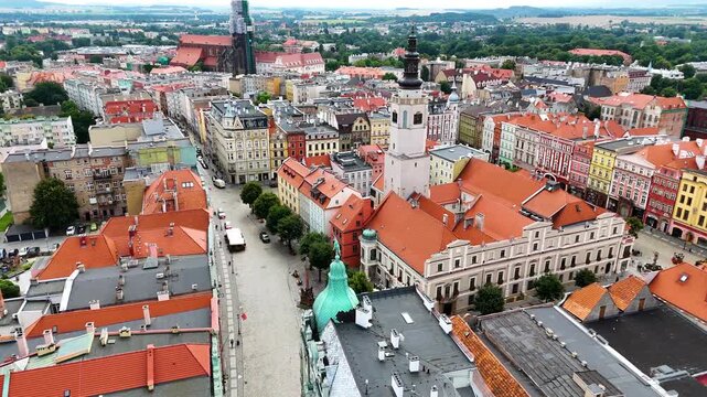 city center old town drone flight over Swidnica Poland