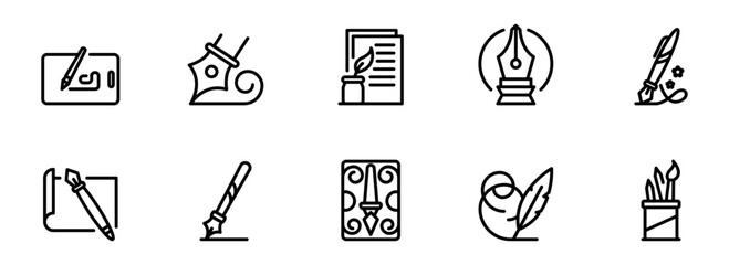 Collection of Elegant Line Art Icons: Pens, Inkwells, Quill, and Writing Implements;  Perfect for Branding, Stationery, and Creative Projects.