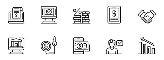 Modern Line Icons: Finance, Banking, Investment, and Business Growth;  Clean, Minimalist Style;  Positive and Professional Mood.