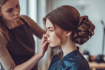 A stylist carefully perfects an intricate updo hairstyle on a young woman sitting in a modern salon. Natural light illuminates the serene atmosphere as attention to detail is prioritized