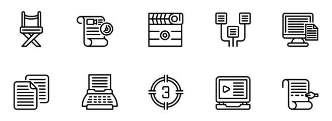 Filmmaking and Video Production Workflow:  Modern Line Icons Set;  Director's Chair, Script, Clapperboard,  Editing,  Countdown Timer,  Digital File Management,  Clean Minimalist Style.