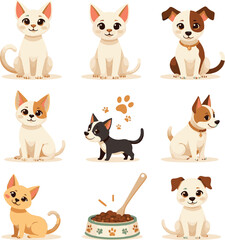 Fototapeta premium Vector icon set featuring curious Sphynx cats, playful Jack Russell dogs, assorted paw prints, classic pet toys,