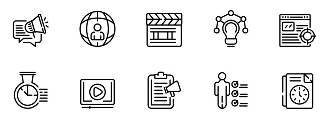 Modern Line Icons: Global Marketing, Strategy, Planning, Time Management, and Content Creation for Business Success.