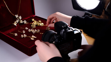 カメラの前にアクセサリーを並べている準備風景