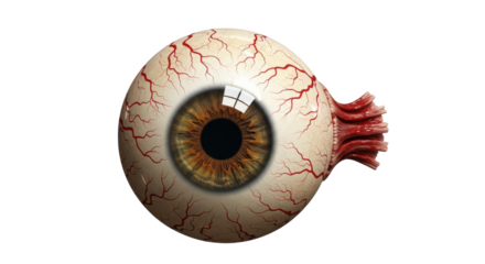 A realistic, detailed illustration of a human eyeball with visible blood vessels and optic nerve on a white background.