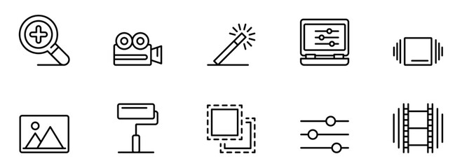 Modern Minimalist Line Icons: Video Editing, Audio Production, Image Enhancement, and Content Creation Tools.