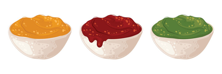 Hot sauces for mexican corn chips nachos with spicy salsa, tomato sauce and chili pepper in a bowl. Guacamole with avocado and cheese sauce. Vector image for snack packaging, fast food, menu, banners.