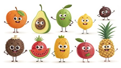 Fototapeta premium Cartoon Fruit Characters 3D Render, Cute Expressions, Ten Fruits, Illustration. Fruit, Cartoon