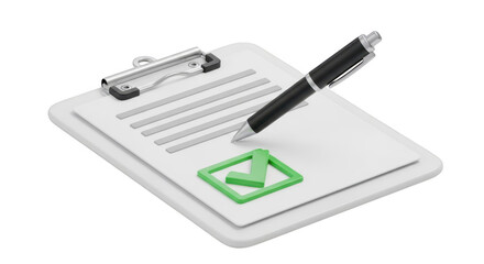 3d icon of a clipboard with a check mark and pen isolated on transparent background, representing approval, confirmation, and task completion