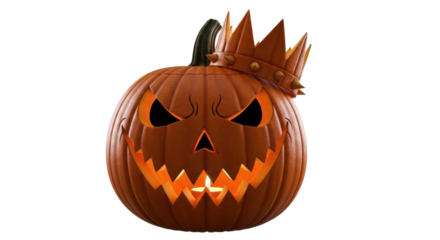 A carved pumpkin with a menacing face, illuminated from within, wearing a spiky golden crown.