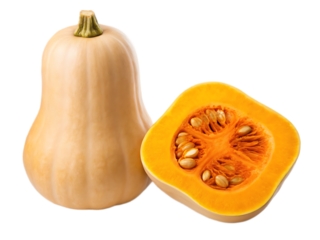 A butternut squash and a half squash with seeds on a black background in a studio shot image