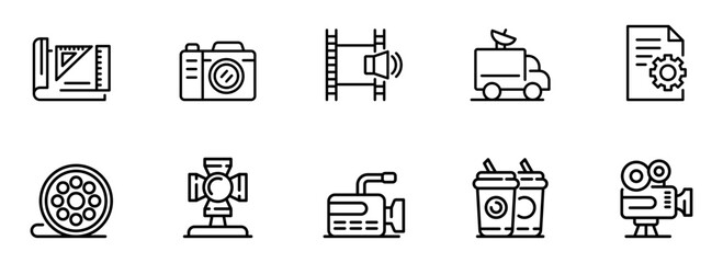 Filmmaking and Video Production Icon Set: Clean Line Art Style, Modern and Minimalist Design,  Professional Workflow Graphics for Website or App.