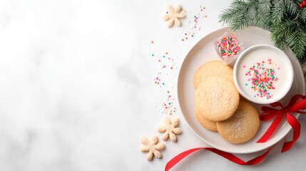 A festive plate with sugar cookies, a cup of milk topped with colorful sprinkles, and holiday decorations on a white background with red ribbon.