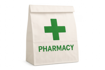 Pharmacy paper bag standing on transparent background