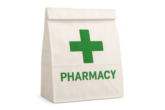 Pharmacy paper bag standing on transparent background