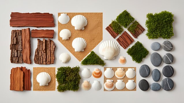 A curated collection of natural elements including bark, seashells, moss, and smooth stones arranged in distinct sections on a light gray surface, showcasing diverse textures and shapes from nature.