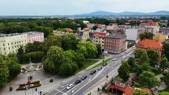 city center old town drone flight over Swidnica Poland