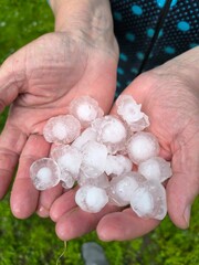 Handful in hand of ice hailstones falling in summer - climate change.