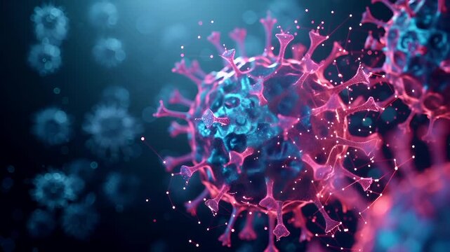 A closeup of a microscopic view of a blue and pink cellular structure, possibly a coronavirus, with intricate details of its structure and surrounding cells. The background is a deep blue.