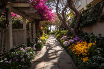 Fototapeta premium tranquil garden path adorned with ar meditation routes surrounded by blooming plants
