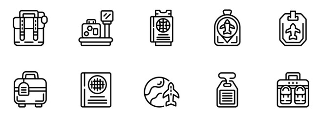 Modern Line Icons: Travel, Airport, Luggage, Passport, Tickets,  Boarding Pass, Location,  Global Journey,  Flat Design,  Simple Style,  Clean Minimalist Aesthetic.