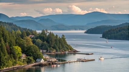 Fototapeta premium Secluded Coastal Inlet Aerial View of Homes, Boats and Mountains, Landscape Photography, West Coast, British Columbia West Coast, British Columbia