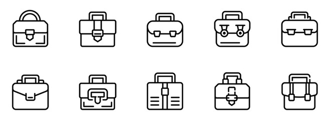 Collection of Ten Minimalist Briefcase Icons:  Modern, Clean Line Art Style, Professional Business Theme.