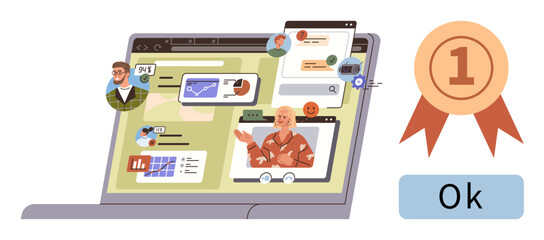 Laptop with open tabs showcasing virtual meetings, graphs, social interactions, and a reward badge. Ideal for teamwork, remote work, achievement, communication, analytics education and motivation