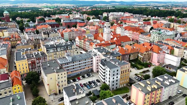 city center old town drone flight over Swidnica Poland