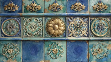Intricate blue and gold tiles with floral and geometric designs, showing wear and patina