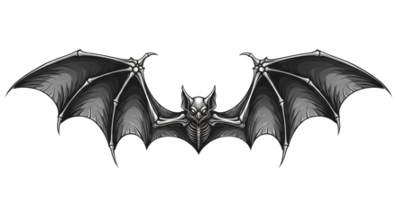 Detailed monochrome illustration of a bat with outstretched wings, showcasing anatomical structure.