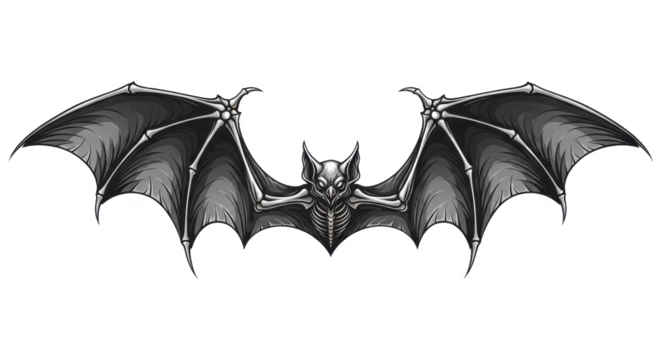 Detailed monochrome illustration of a bat with outstretched wings, showcasing anatomical structure.
