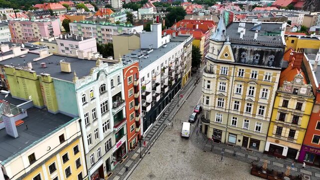 city center old town drone flight over Swidnica Poland