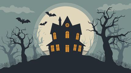Vector illustration of a silhouetted haunted house on a hill with glowing orange windows, a full moon, bats, and gnarled trees in a dark Halloween scene
